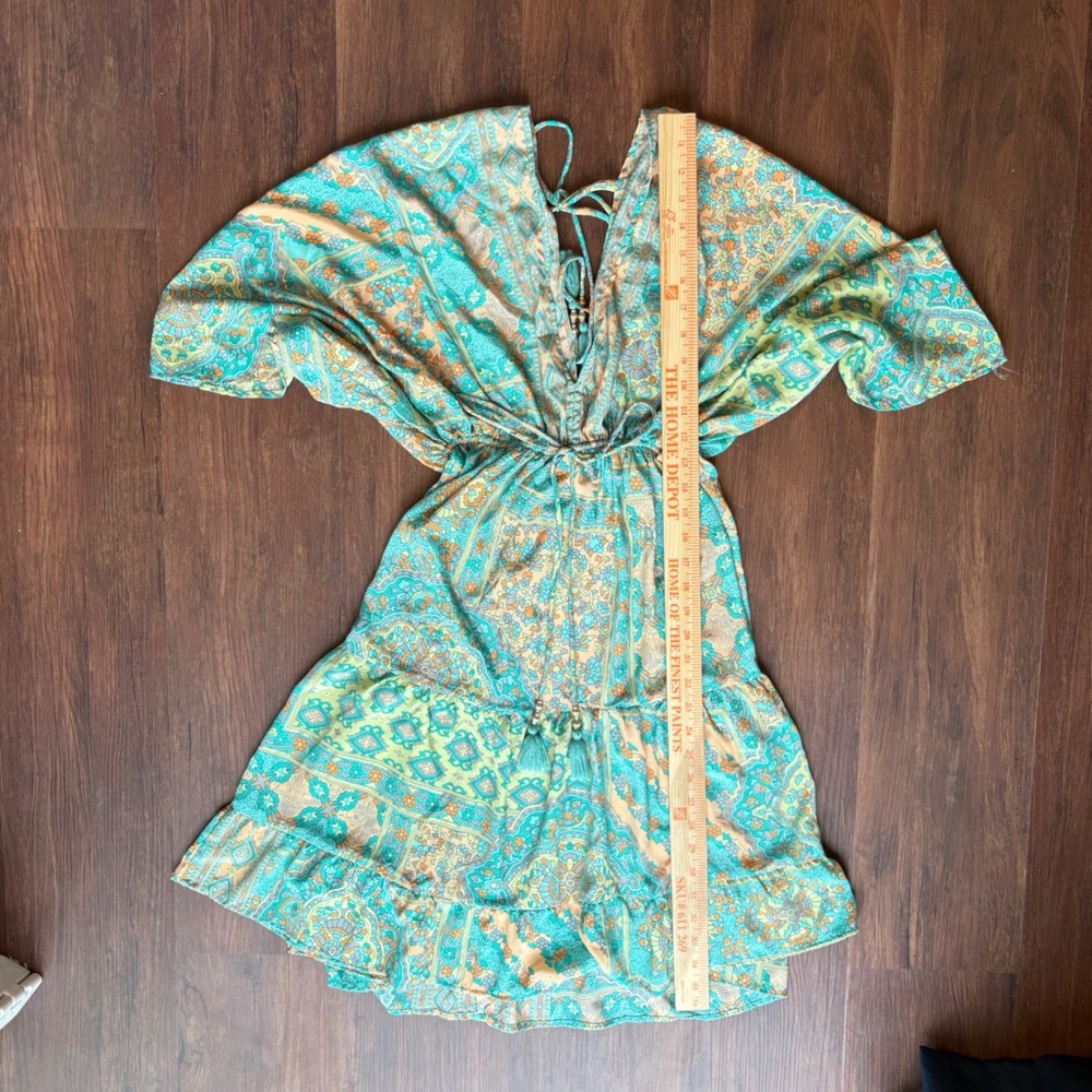 Silk Blend Plunging Mini Dress Aqua Paisley Kimono One Size Boho Miami V-neck - Picture 5 of 8